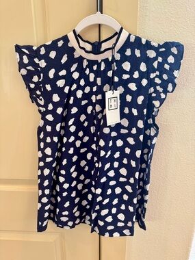 THML Navy & White Leopard Print Ruffle Sleeve Top - Small